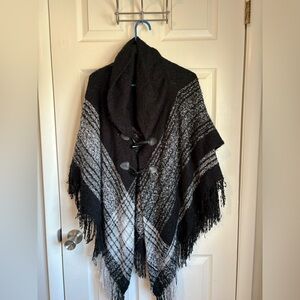 Black and Gray Plaid Poncho with Fringe